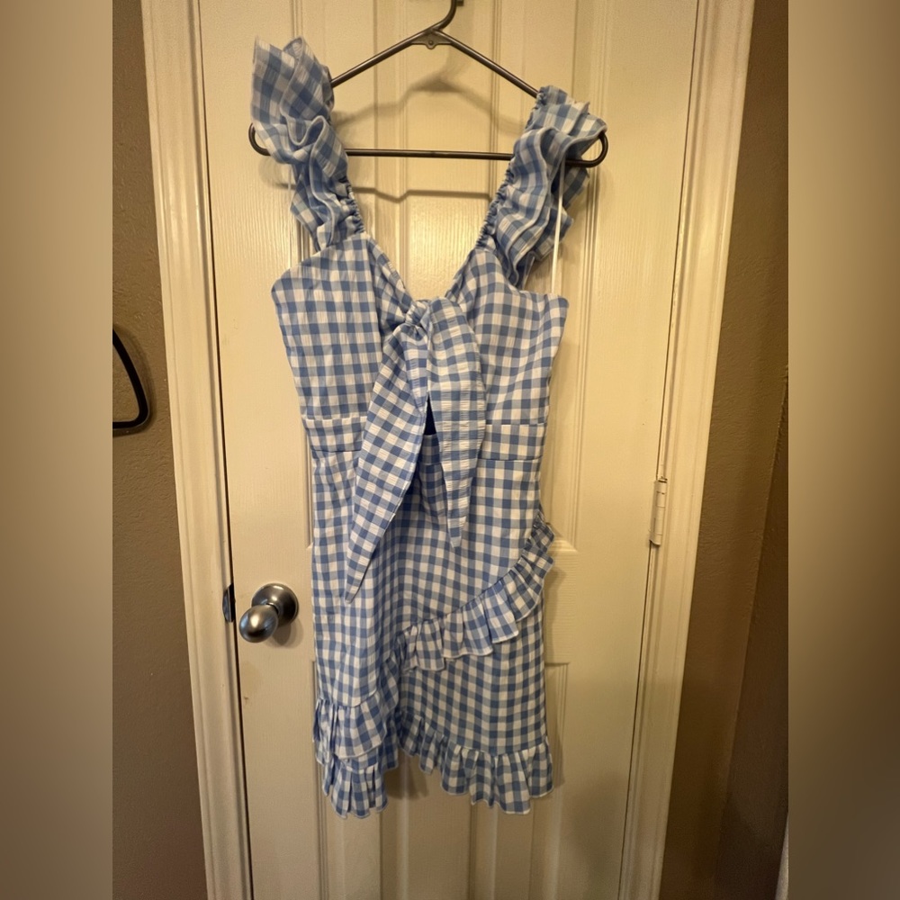 Mable size medium blue gingham, cutout mini dress with ruffles. - Picture 2 of 12
